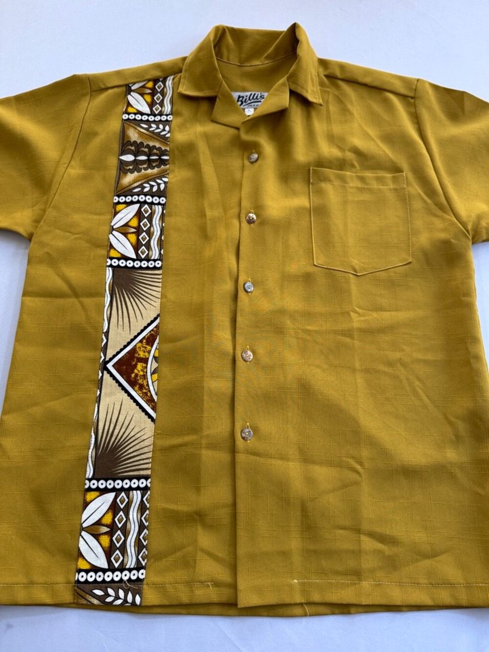 Vintage 70s Billi’s Short Sleeve Camp Collar Shirt Tribal Print Panel, Men’s L